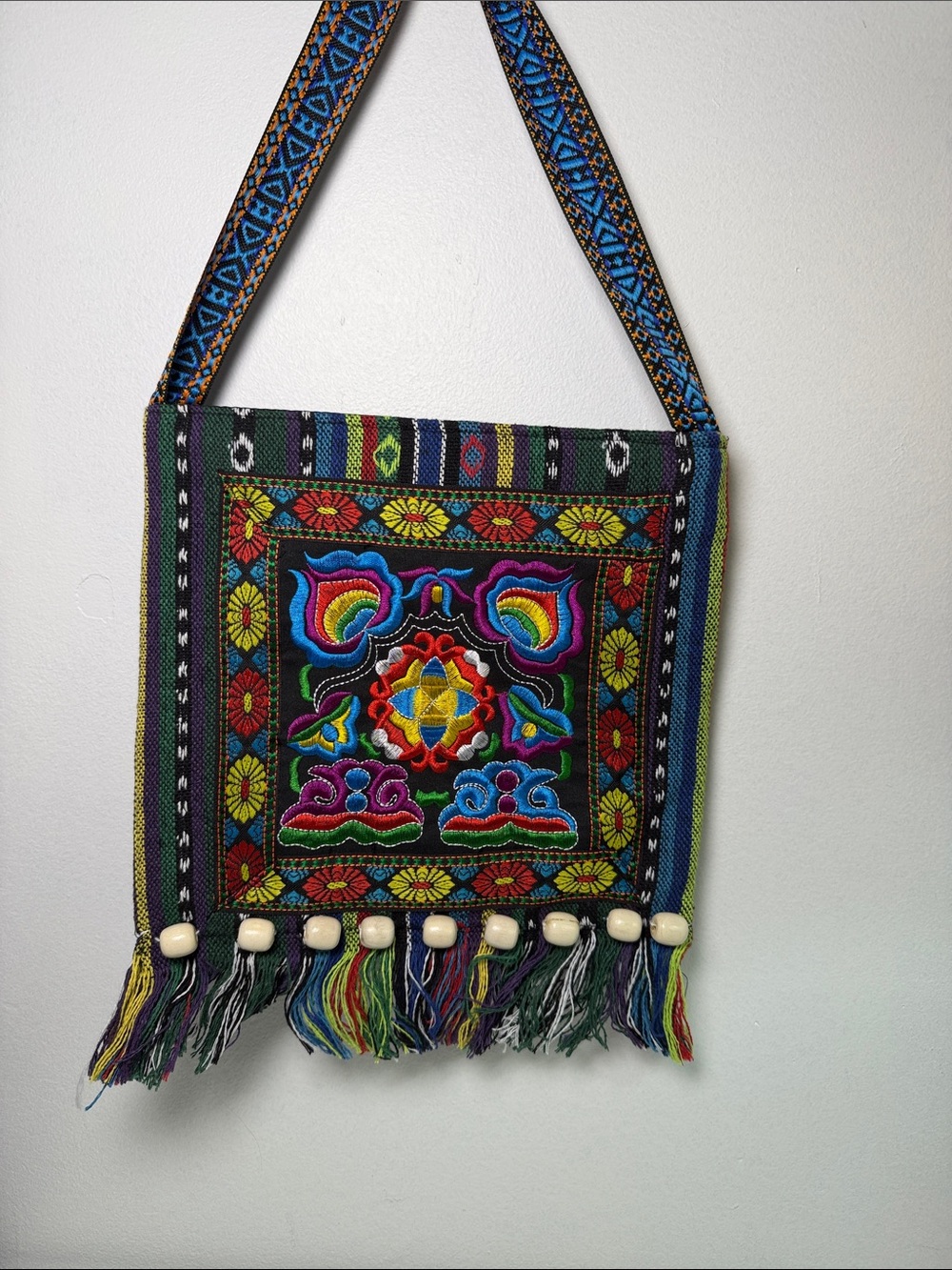 Boho Multicolor Embroidered Fringe Crossbody Bag